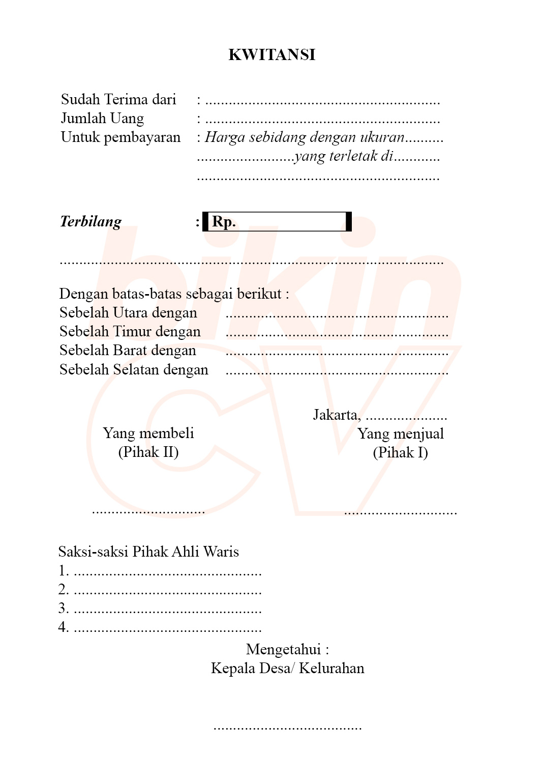 Contoh Kwitansi Pembayaran, Pembelian Untuk Transaksi Jual Beli 