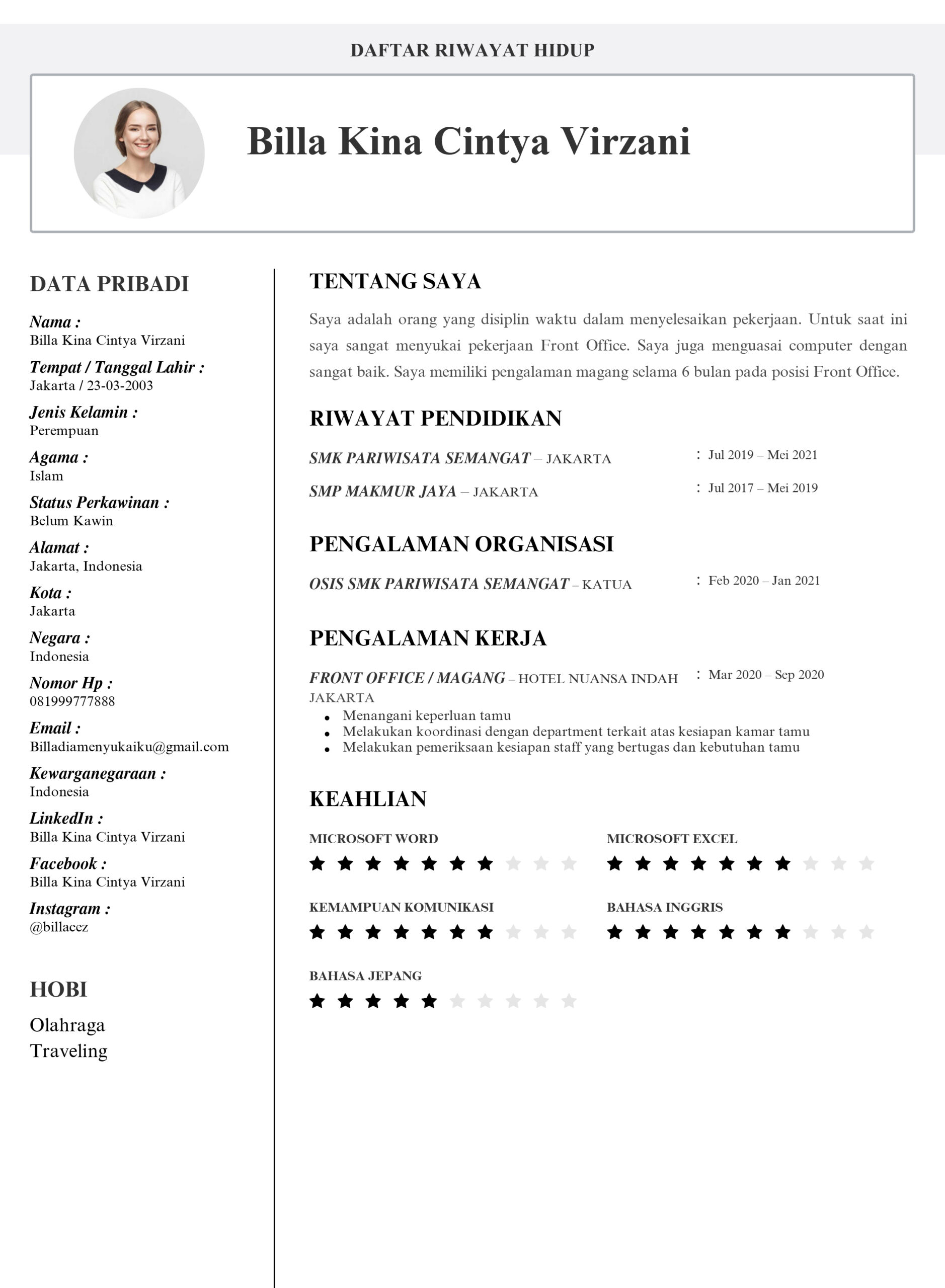 Contoh CV Siswa SMK Pariwisata