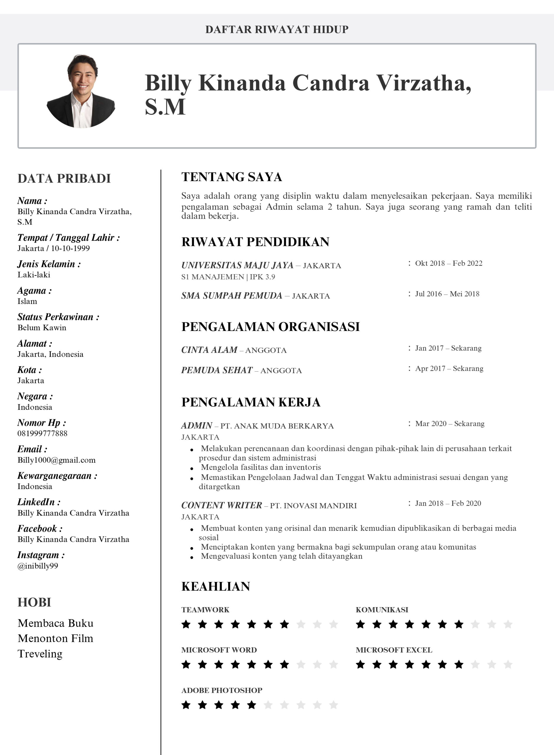 Contoh CV Admin Untuk Melamar Kerja