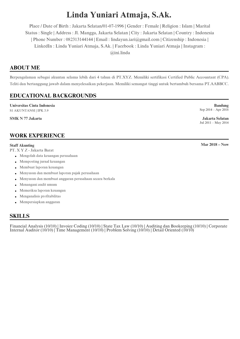 Contoh CV Akuntan Perusahaan Template Uluwatu